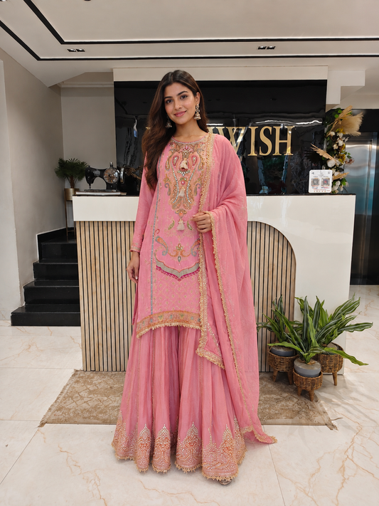 Lavender Dola Silk Sharara Set
Designer Dola Silk Sharara Suit
Zari Dabka Mirror Work Sharara
Wedding Wear Sharara Set
Luxury Ethnic Wear