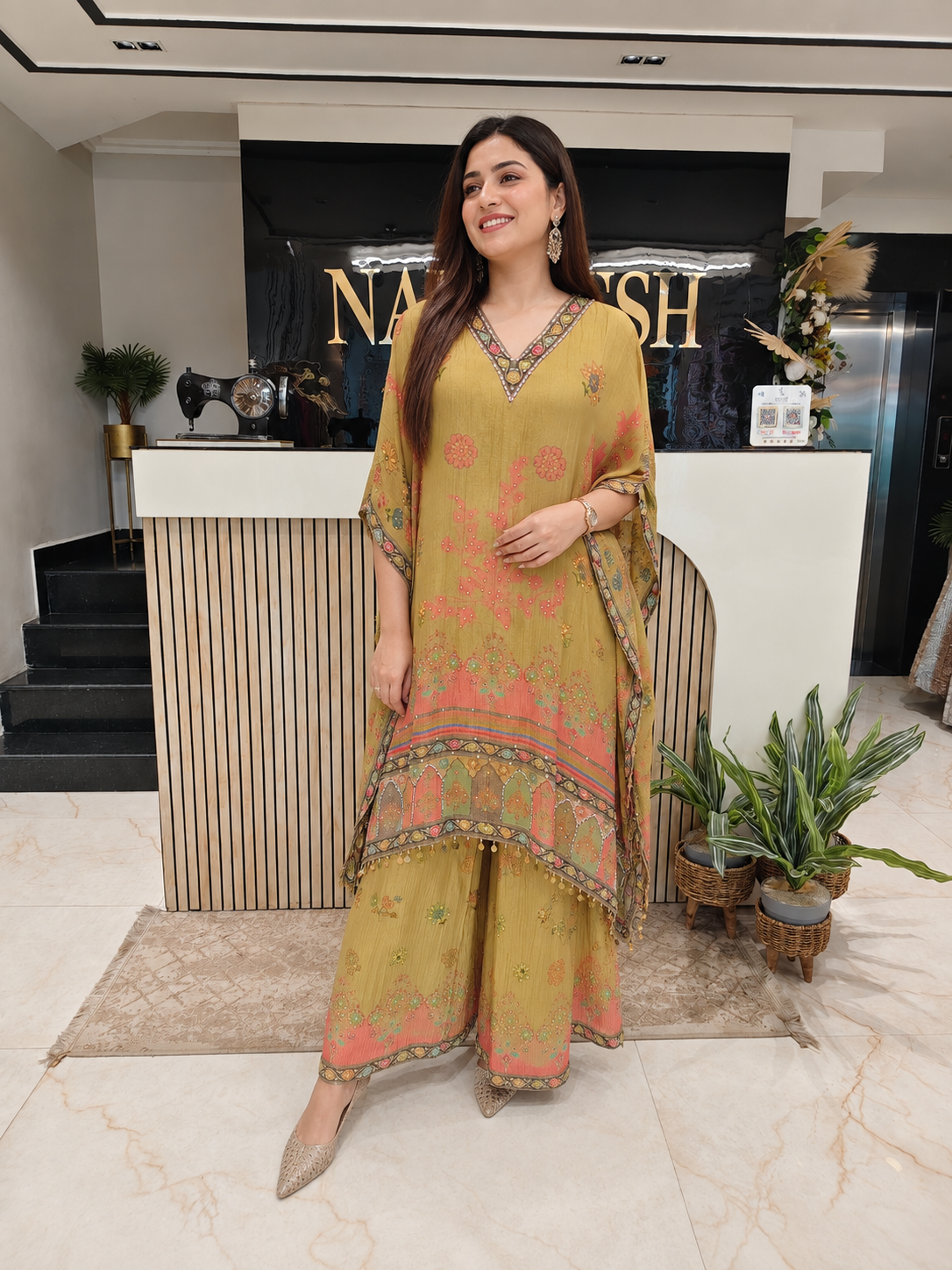 Mehndi Green Crush Tissue Indo-Western Kaftan
Designer Floral Print Kaftan
Pearl Work Kaftan Set
Palazzo Party Wear Kaftan
Luxury Ethnic Wear