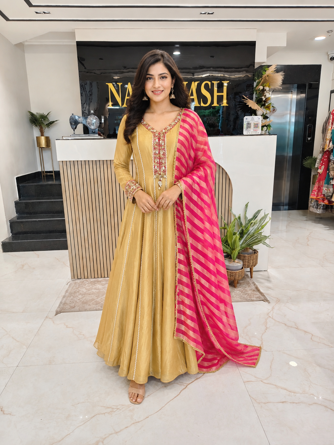 Rose Gold & Hot Pink Tissue Anarkali Set
Designer Tissue Anarkali Suit
Patch Dori Sequins Work Anarkali
Wedding Wear Anarkali Set
Luxury Ethnic Wear