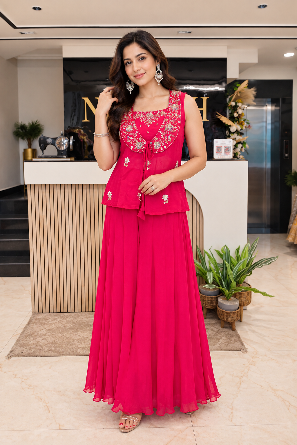 Rani Pink Chinon Indo-Western Set
Designer Bustier Co-ord Set
Cutdana Mirror Work Indo-Western
Wedding Wear Palazzo Set
Luxury Ethnic Wear