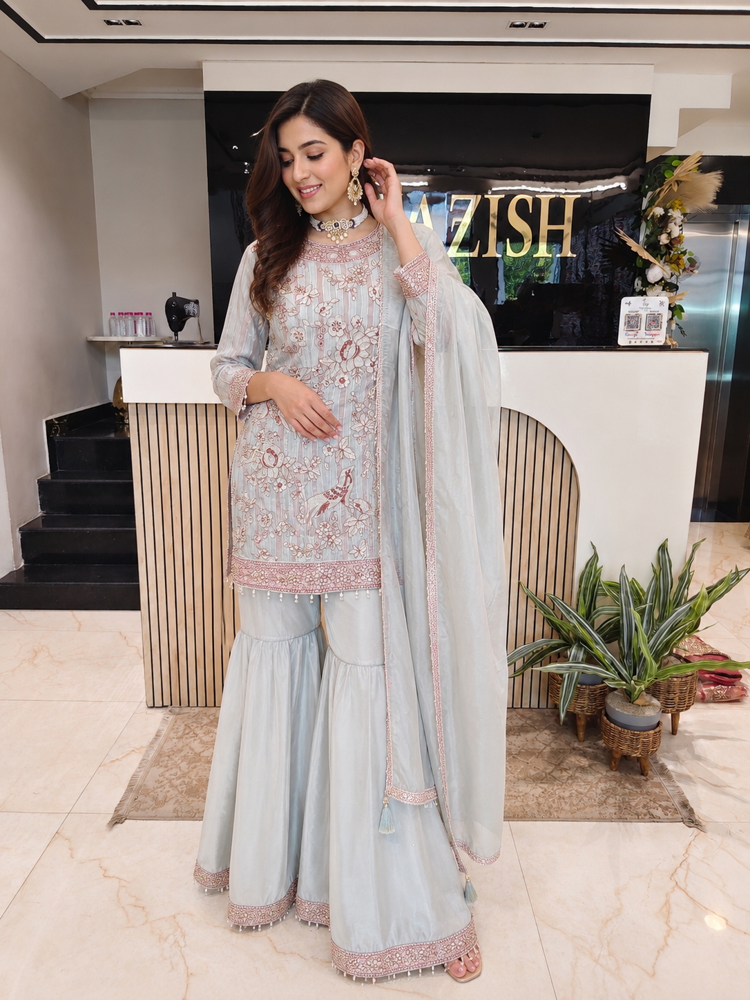 Grey Farshi Salwar Set
Tissue Farshi Salwar Suit
Designer Kurta Set
Wedding Wear Farshi Suit
Festive Party Wear Farshi Set