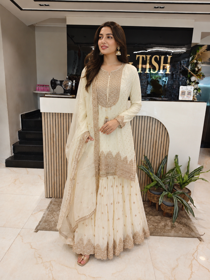 Cream Garara Set
Designer Georgette Garara
Zari Work Ethnic Outfit
Wedding Wear Garara India
Luxury Festive Wear Women