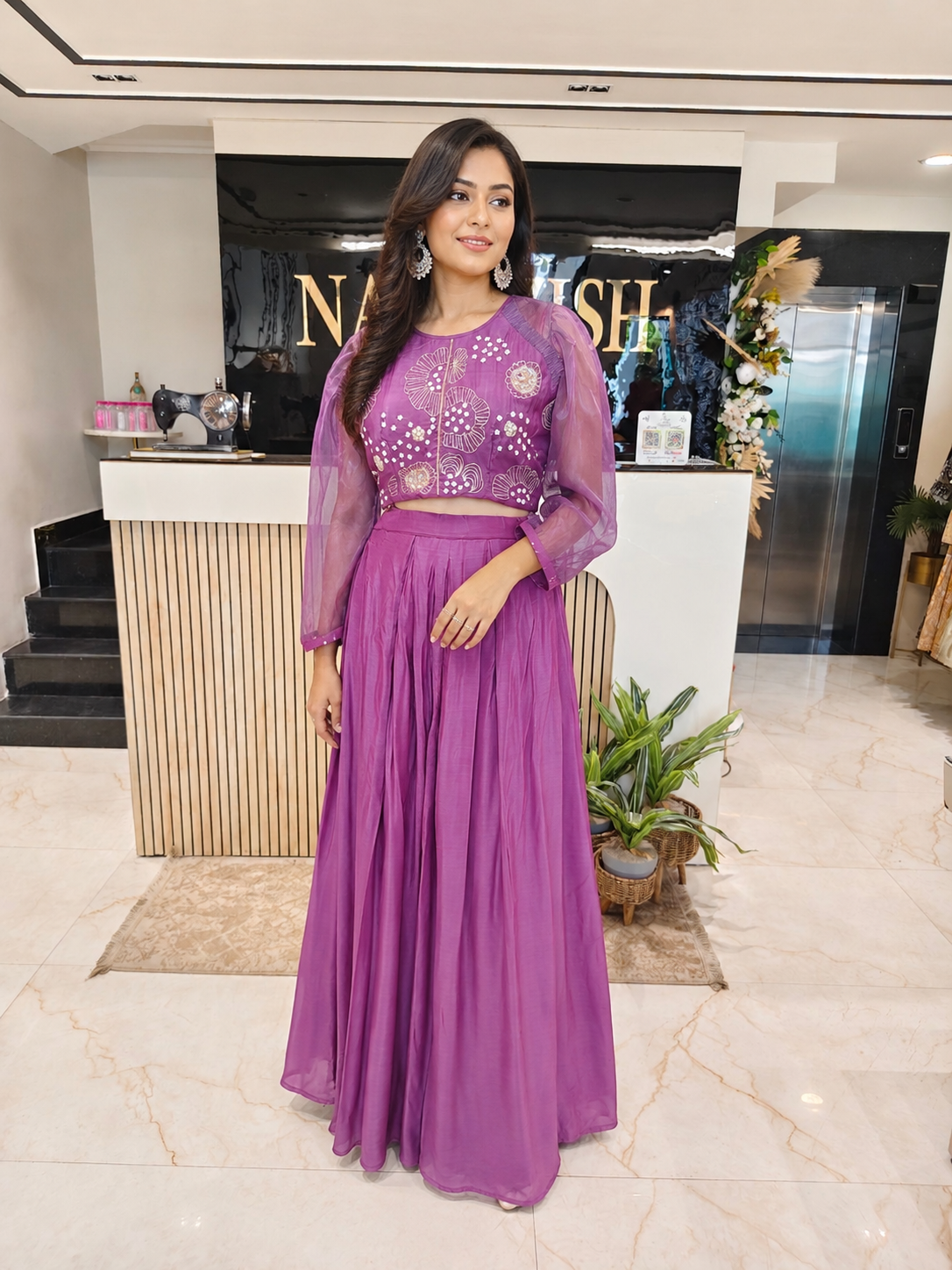 Purple Palazzo Set
Silk Indo Western Outfit
Kutdana Dabka Work Dress
Designer Fusion Wear India
Contemporary Wedding Wear Women