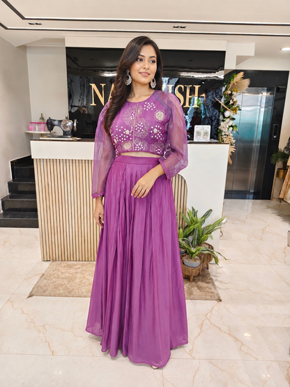 Purple Palazzo Set
Silk Indo Western Outfit
Kutdana Dabka Work Dress
Designer Fusion Wear India
Contemporary Wedding Wear Women