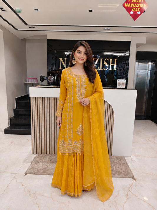 Yellow Sharara Set
Designer Chinon Sharara
Kutdana Work Ethnic Outfit
Wedding Wear Sharara India
Luxury Festive Wear Women