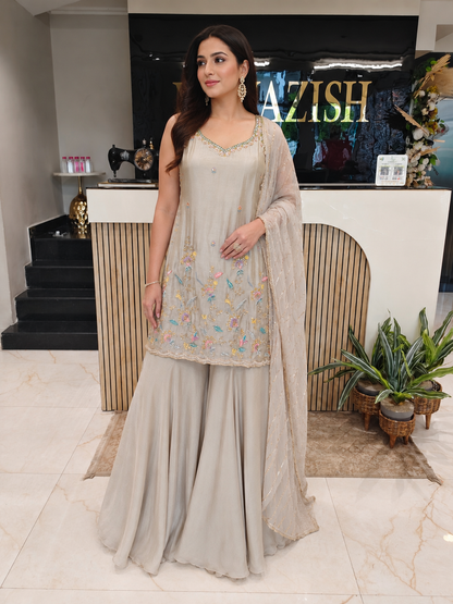 Golden Tissue Sharara Set
Designer Sharara Suit
Wedding Wear Sharara
Festive Party Wear Ethnic Set
Tissue Designer Suit