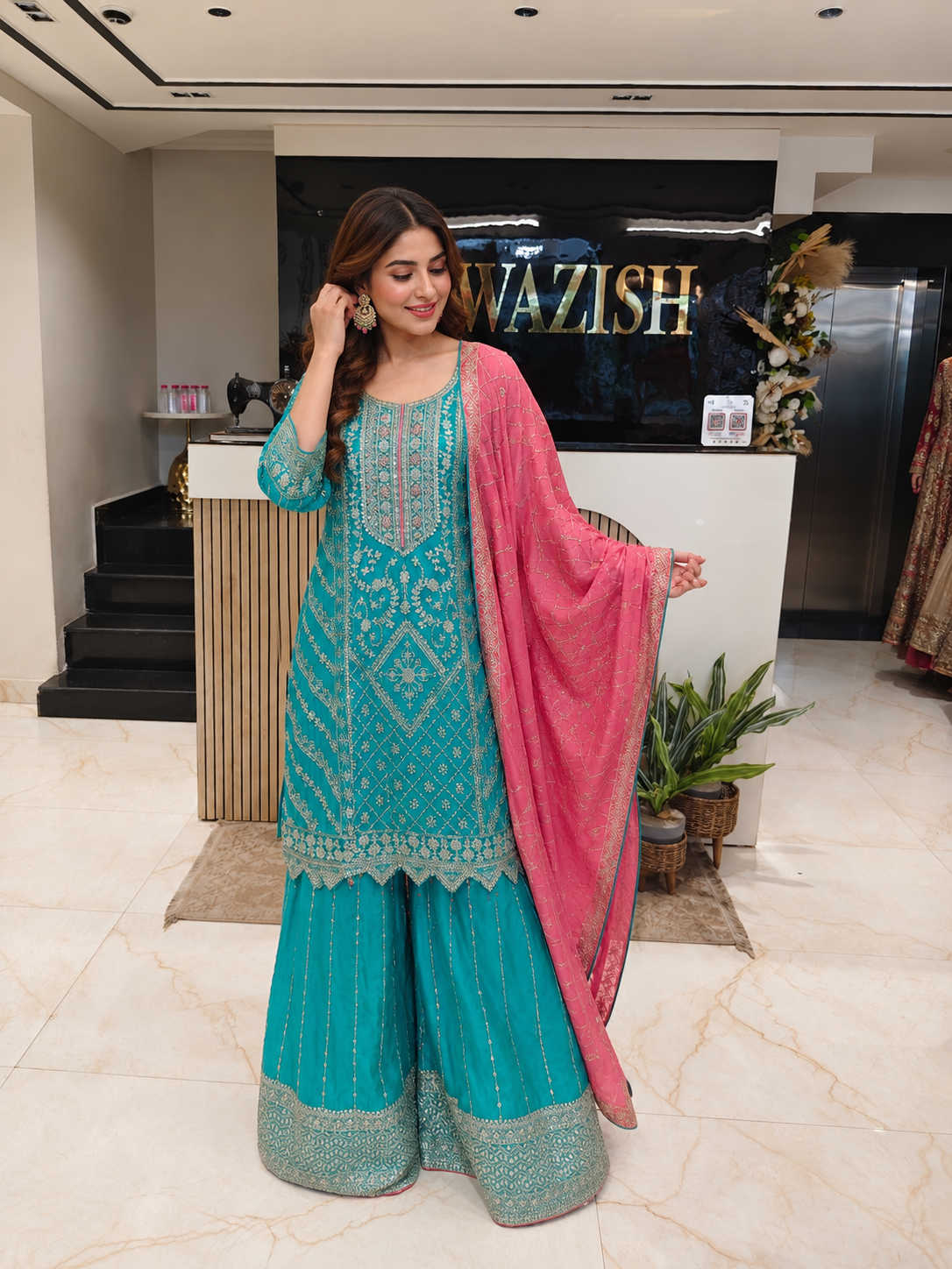 Teal Blue & Pink Chinon Sharara Set
Designer Sharara Suit
Wedding Wear Sharara
Festive Party Wear Ethnic Set
Chinon Designer Suit