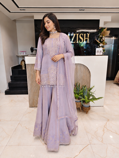 Lavender Sharara Set
Jacquard Tissue Sharara Set
Designer Sharara Suit
Wedding Wear Sharara
Festive Party Wear Sharara