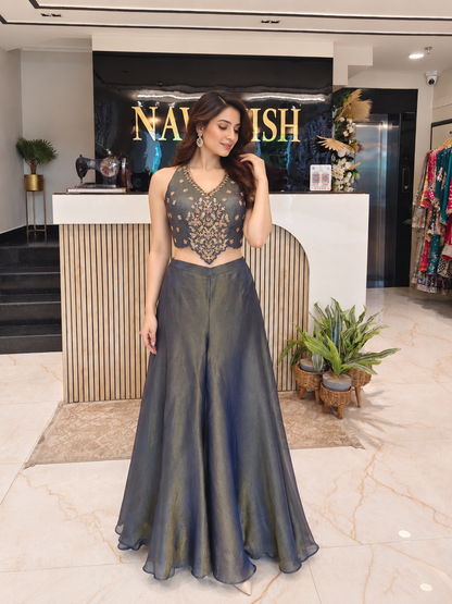 Metallic Blue Tissue Indo-Western Set
Designer Tissue Indo-Western Outfit
Kutdana Sequins Dabka Work Set
Wedding Wear Indo-Western Dress
Luxury Ethnic Wear