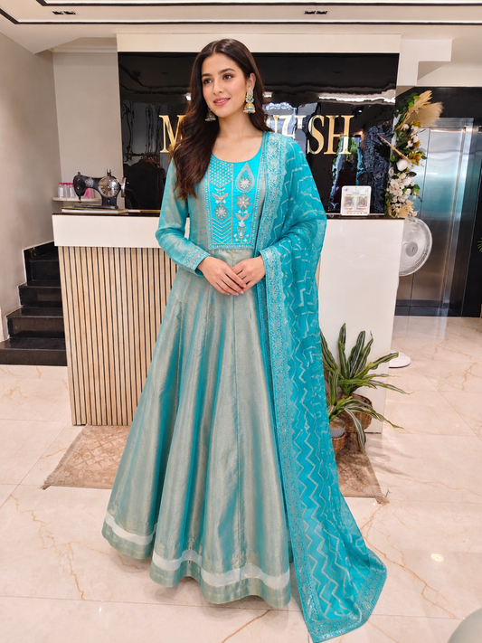 Aqua Blue Designer Anarkali
Tissue Festive Wear Women
Zari Dabka Work Outfit
Wedding Wear Suit India
Luxury Party Wear Dress
