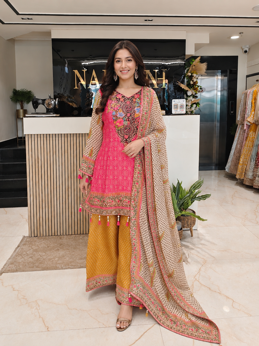 Peach & Pink Crepe Sharara Set
Designer Sharara Suit
Stone Mirror Work Sharara
Wedding Wear Sharara Set
Luxury Ethnic Wear