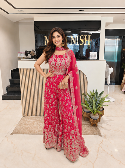 Rani Pink Palazzo Set
Georgette Indo-Western Set
Kutdana Work Outfit
Designer Party Wear Set
Wedding Wear Indo-Western