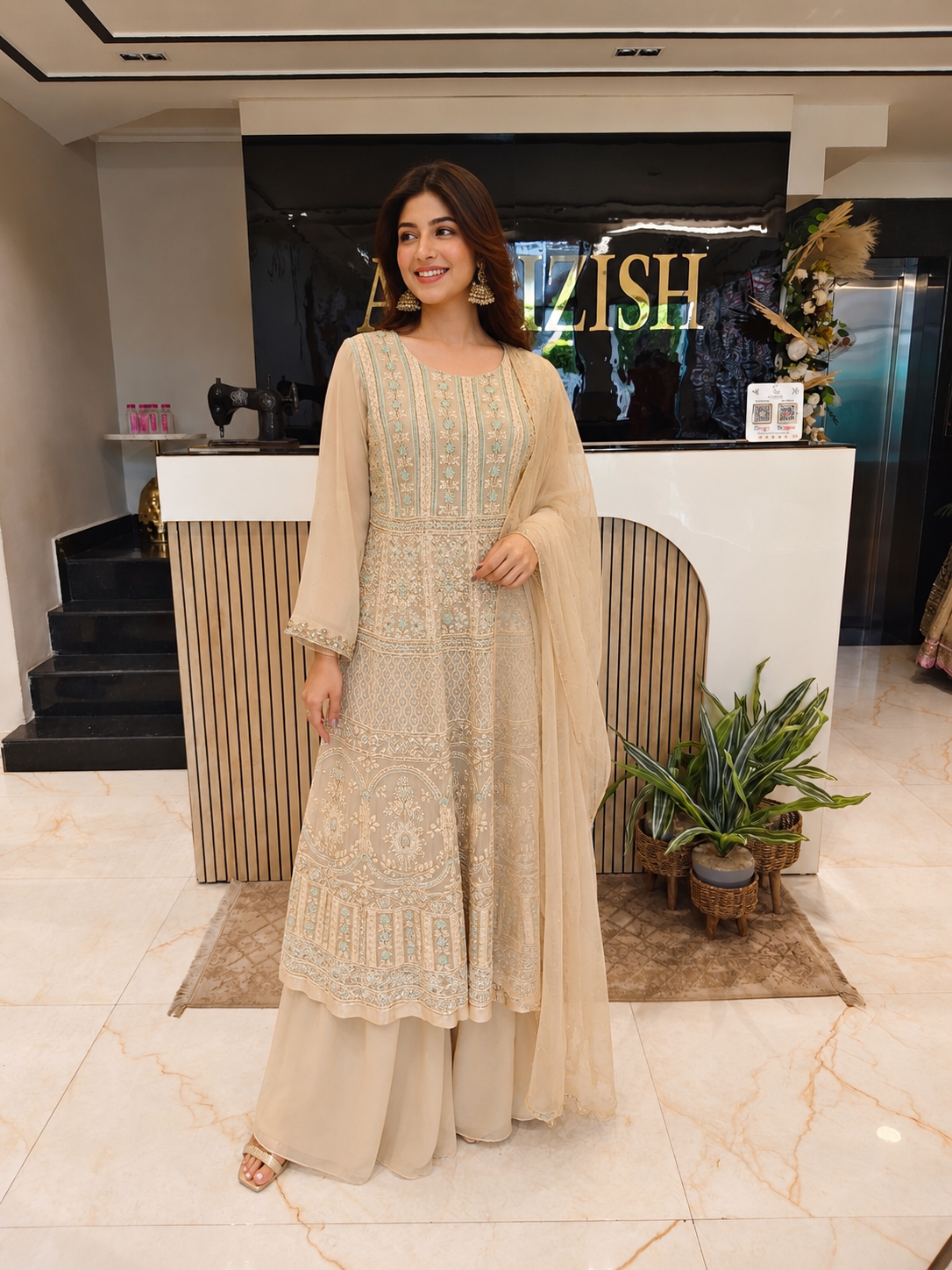 Cream Georgette Anarkali Sharara Set
Designer Anarkali Sharara Suit
Wedding Wear Anarkali Set
Festive Party Wear Ethnic Set
Georgette Designer Suit