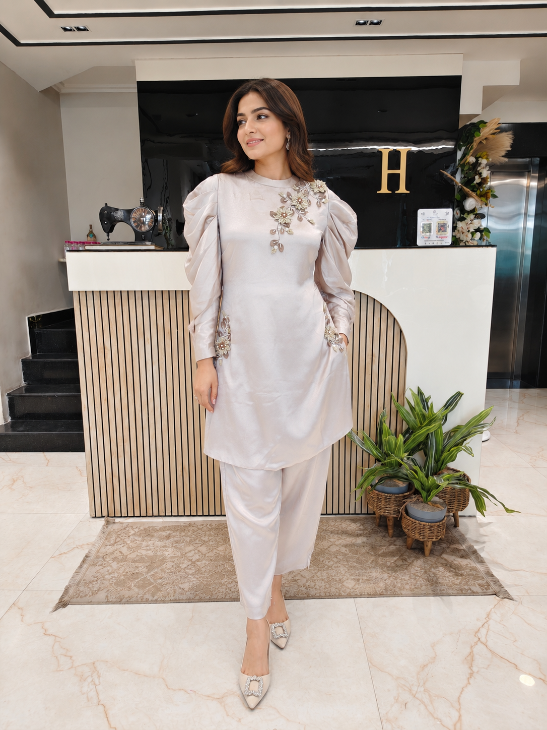 Fawn Co-ord Set Women
Satin Indo Western Outfit
Designer Patch Work Set
Contemporary Fusion Wear India
Stylish Party Wear Women