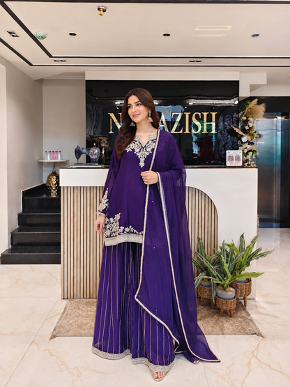Purple Chinon Sharara Set
Designer Sharara Suit
Wedding Wear Sharara
Festive Party Wear Ethnic Set
Chinon Designer Suit
