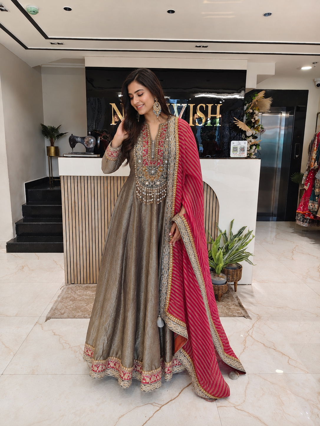 Grey & Hot Pink Tissue Anarkali Set
Designer Tissue Anarkali Suit
Self Weaving Kutdana Mirror Work Anarkali
Wedding Wear Anarkali Set
Luxury Ethnic Wear