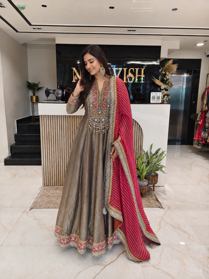 Grey & Hot Pink Tissue Anarkali Set
Designer Tissue Anarkali Suit
Self Weaving Kutdana Mirror Work Anarkali
Wedding Wear Anarkali Set
Luxury Ethnic Wear