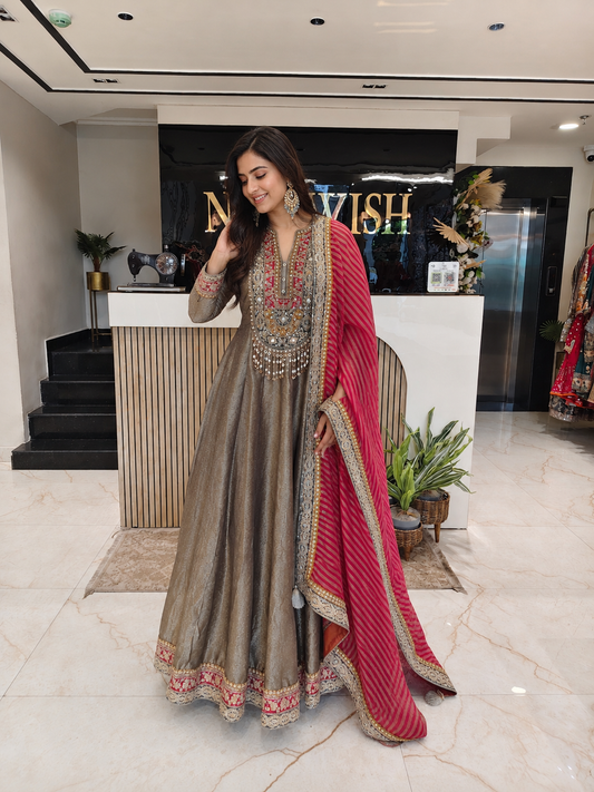 Grey & Hot Pink Tissue Anarkali Set
Designer Tissue Anarkali Suit
Self Weaving Kutdana Mirror Work Anarkali
Wedding Wear Anarkali Set
Luxury Ethnic Wear