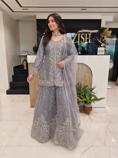 Grey Sharara Set
Designer Net Sharara Suit
Mirror Work Sharara
Wedding Wear Sharara
Festive Party Wear Sharara