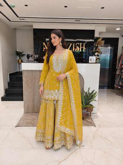 Mustard Tissue Kurta Sharara Set
Designer Tissue Sharara Suit
Gota Zari Mirror Work Sharara Set
Wedding Wear Sharara Suit
Luxury Ethnic Wear