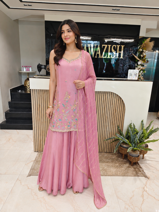 Onion Pink Tissue Sharara Set
Designer Sharara Suit
Wedding Wear Sharara
Festive Party Wear Ethnic Set
Tissue Designer Suit