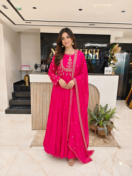 Rani Pink Silk Anarkali
Designer Anarkali Suit Women
Dabka Zari Work Outfit
Wedding Wear Anarkali India
Luxury Festive Wear Women