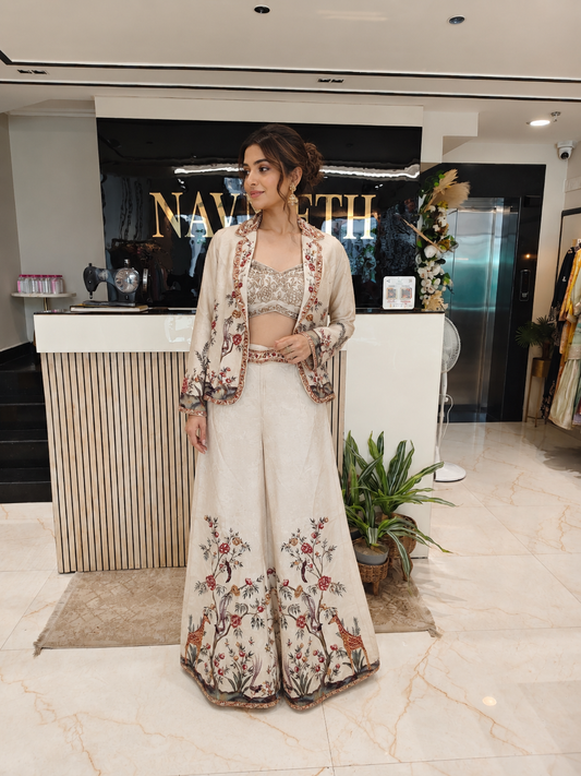 Beige Bird Motif Palazzo Set
