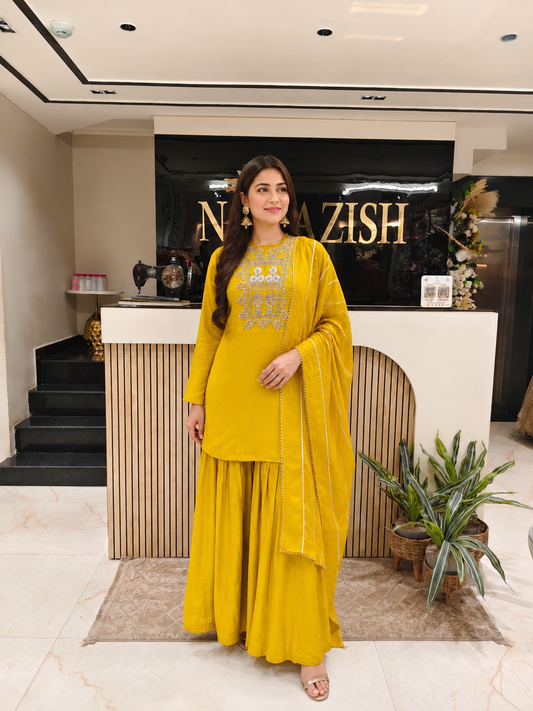 Mustard Sharara Set
Designer Indo Western Women
Gota Patti Work Outfit
Contemporary Wedding Wear India
Luxury Festive Wear Women