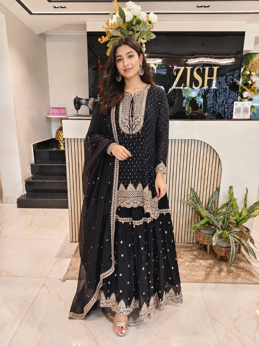 Black Garara Set
Designer Georgette Garara
Zari Work Ethnic Outfit
Wedding Wear Garara India
Luxury Festive Wear Women