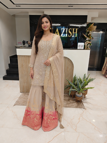 Beige & Rani Pink Sharara Set
Tissue Sharara Suit
Designer Sharara Set
Wedding Wear Sharara
Festive Party Wear Sharara