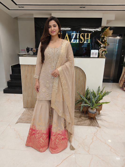Beige & Rani Pink Sharara Set
Tissue Sharara Suit
Designer Sharara Set
Wedding Wear Sharara
Festive Party Wear Sharara
