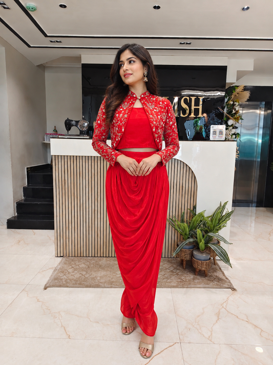 Orange Indo Western Set
Designer Drape Skirt Outfit
Zari Dabka Handwork Set
Luxury Fusion Wear for Women
Cocktail Party Indo Western Dress