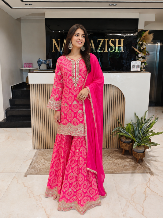 Pink Crepe Sharara Set
Designer Sharara Suit
Wedding Wear Sharara
Festive Party Wear Ethnic Set
Crepe Designer Suit