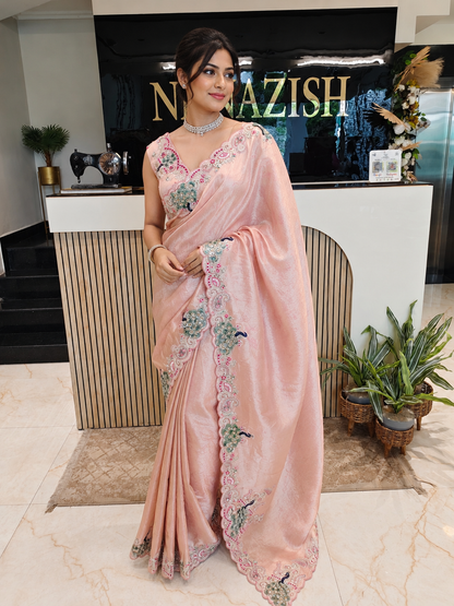Baby Pink Jacquard Tissue Saree
Designer Jacquard Tissue Saree
Kutdana Work Saree
Wedding Wear Saree
Luxury Ethnic Saree