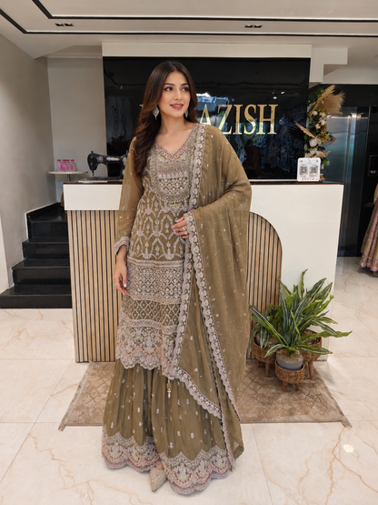 Mehndi Green Chinon Sharara Set
Designer Sharara Suit
Wedding Wear Sharara
Festive Party Wear Ethnic Set
Chinon Designer Suit