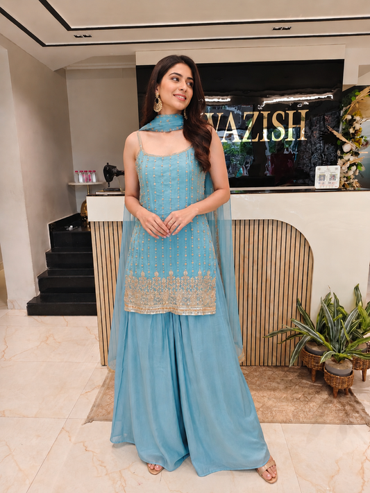Blue Tissue Kurta Palazzo Set
Designer Palazzo Suit
Wedding Wear Kurta Palazzo
Festive Party Wear Ethnic Set
Tissue Designer Suit