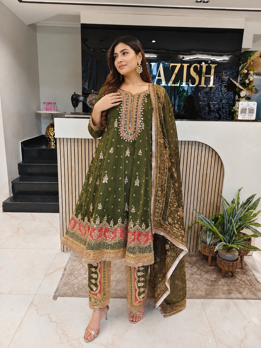 Mehndi Green Short Anarkali Tulip Pants Set
Designer Tulip Pants Suit
Wedding Wear Anarkali Set
Festive Party Wear Ethnic Set
Tissue Designer Suit
