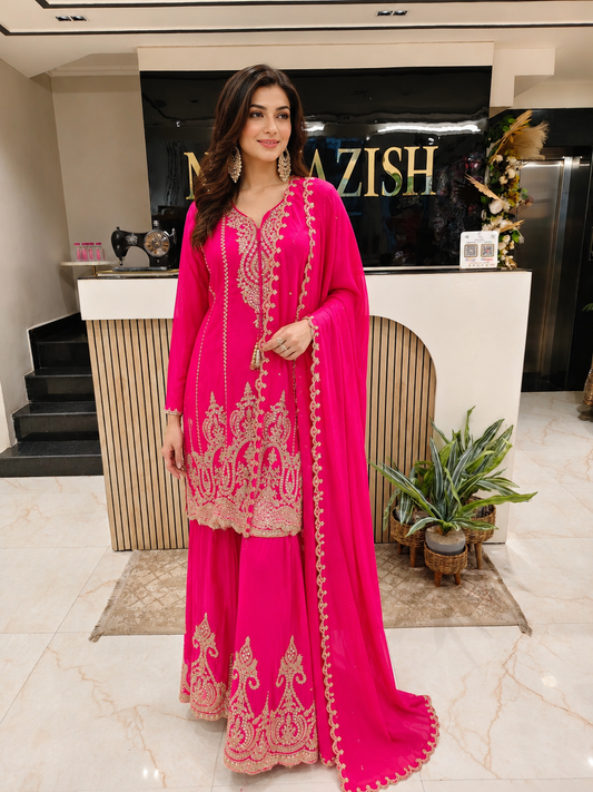 Hot Pink Chinon Sharara Set
Designer Chinon Sharara Suit
Wedding Wear Sharara
Festive Party Wear Sharara
Mirror Work Ethnic Set