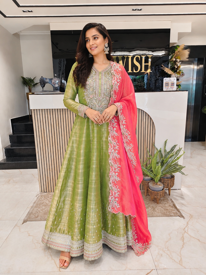 Green & Hot Pink Tissue Anarkali Set
Designer Tissue Anarkali Suit
Cutdana Zari Pearl Work Anarkali
Wedding Wear Anarkali Set
Luxury Ethnic Wear