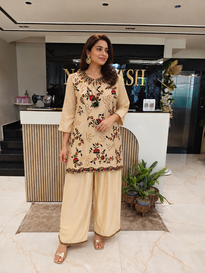 Cream Co-ord Set Women
Silk Indo Western Outfit
Zari Work Festive Wear
Designer Fusion Wear India
Contemporary Party Wear Women