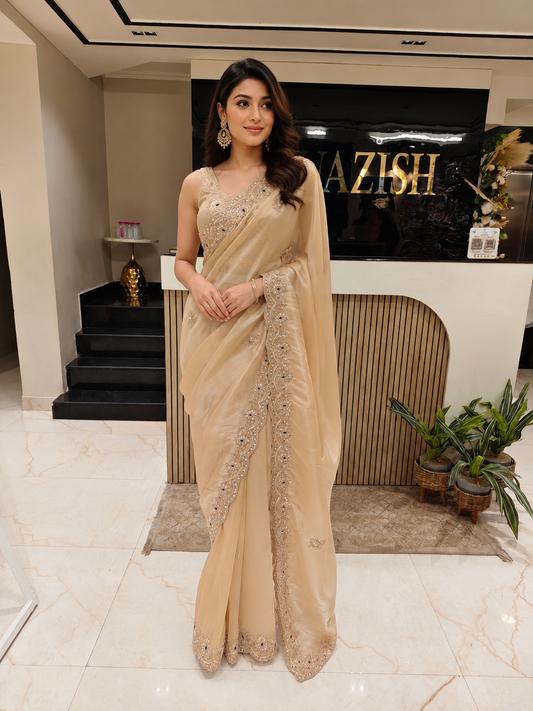 Golden Tissue Saree
Dabka Work Saree
Kutdana Work Saree
Designer Wedding Saree
Luxury Party Wear Saree