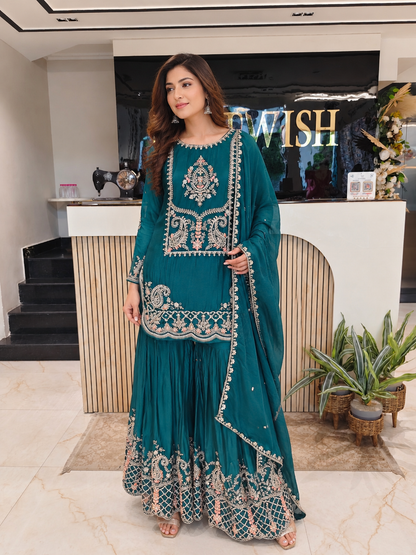 Rama Green Sharara Set
Chinon Sharara Suit
Designer Sharara Set
Wedding Wear Sharara
Festive Party Wear Sharara