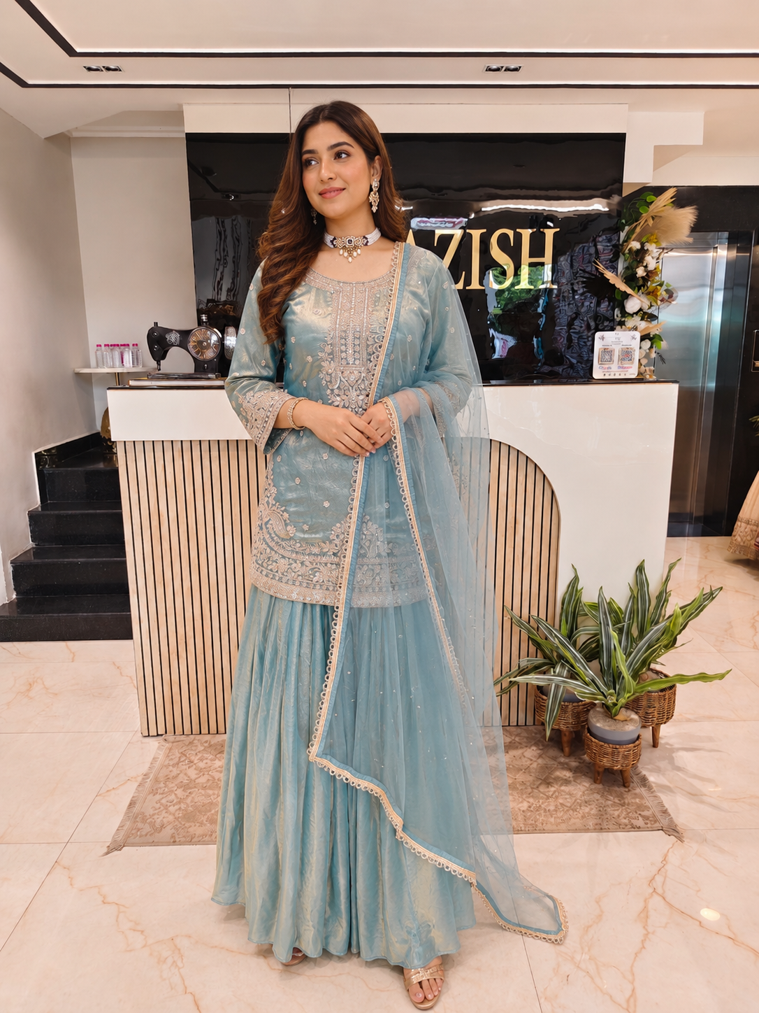 Olive Green Tissue Garara Set