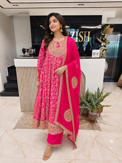 Hot Pink Anarkali Set
Jacquard Tissue Anarkali Suit
Designer Anarkali Dress
Wedding Wear Anarkali
Festive Party Wear Anarkali