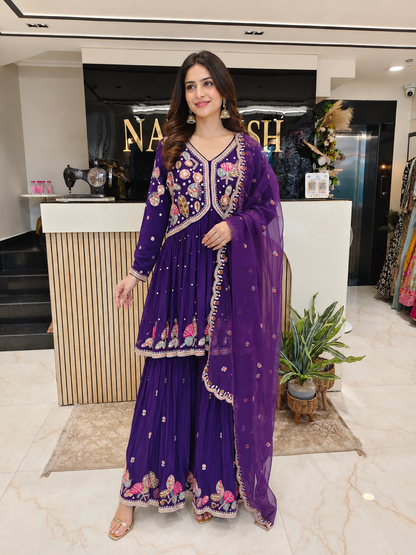 
Purple Peplum Sharara Set
Chinon Sharara Suit
Designer Sharara Set
Wedding Wear Sharara
Festive Party Wear Ethnic Set