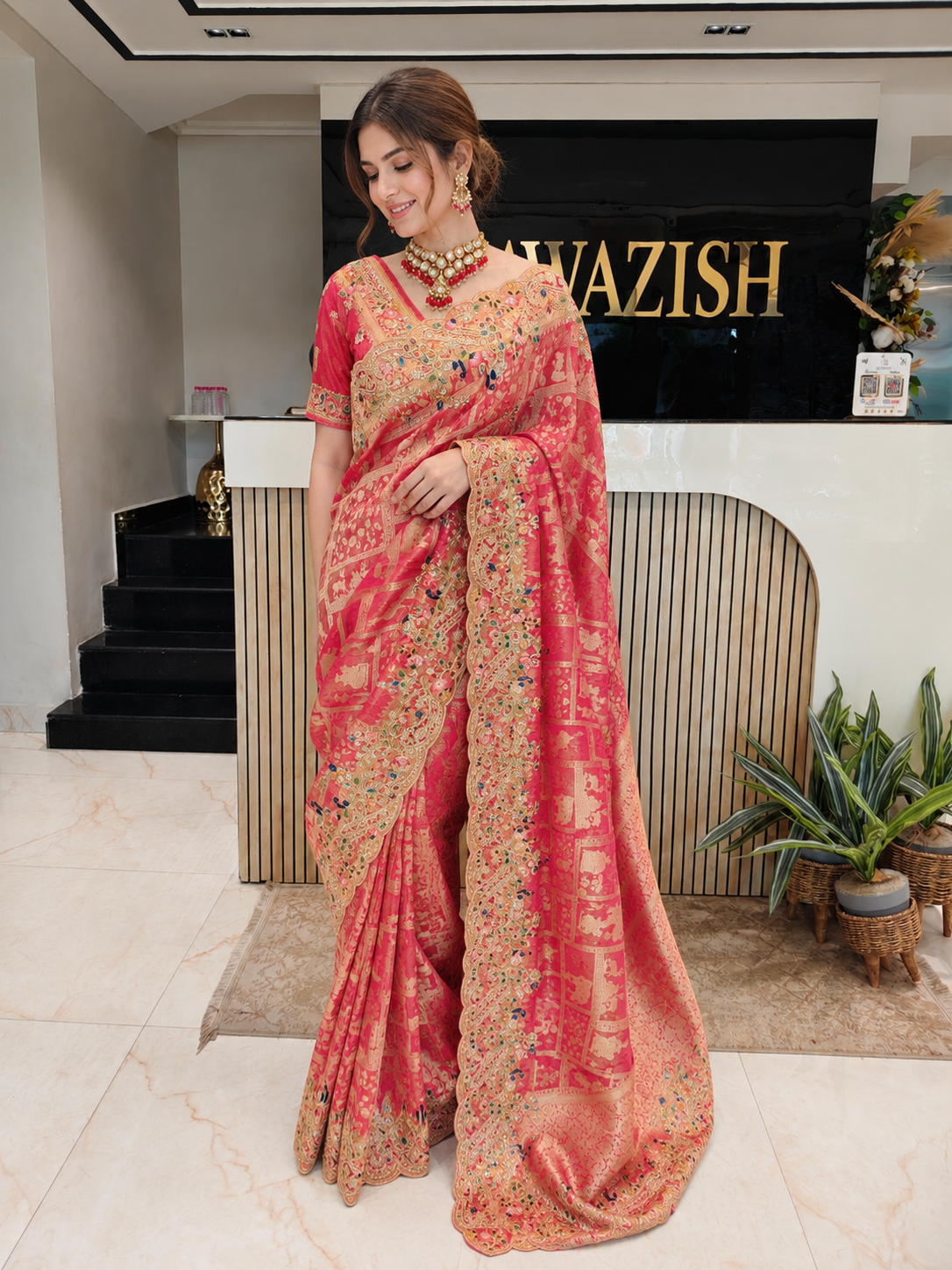 Rani Pink Tissue Saree
Designer Tissue Saree
Bird Motif Saree
Wedding Wear Saree
Handwork Designer Saree