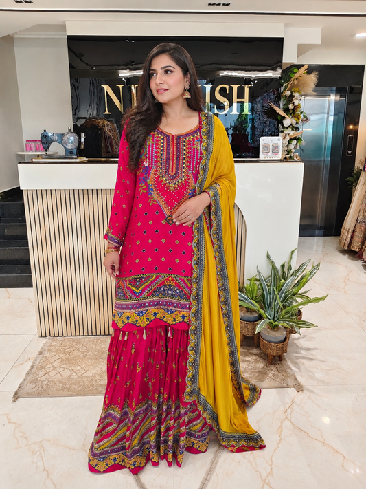 Hot Pink & Yellow Crepe Sharara Set
Designer Sharara Suit
Wedding Wear Sharara
Festive Party Wear Ethnic Set
Crepe Designer Suit
