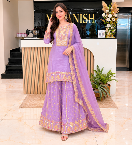 Lavender Sharara Set
Designer Tissue Sharara
Mirror Work Ethnic Outfit
Wedding Wear Sharara India
Luxury Festive Wear Women