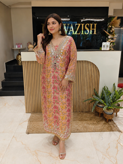 Onion Pink Indo-Western Dress
Designer One Piece Indo-Western
Wedding Wear Indo-Western
Floral Print Indo-Western Outfit
Tissue Designer Indo-Western