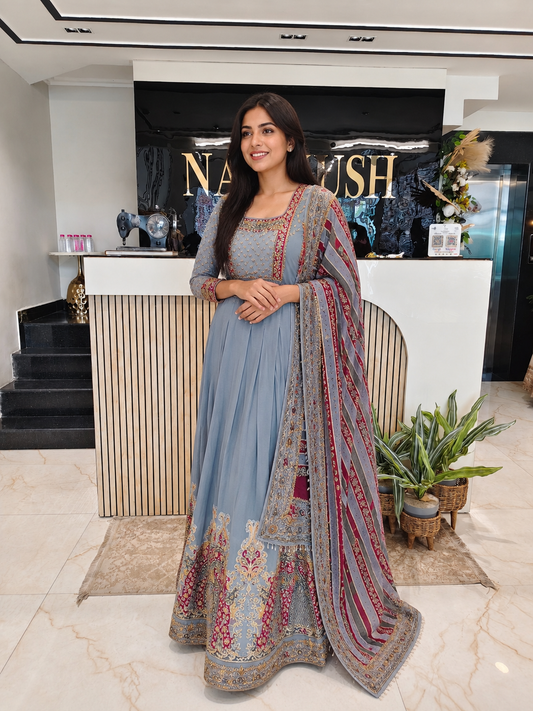 Grey Georgette Anarkali Set

Designer Anarkali Suit

Wedding Wear Anarkali

Festive Party Wear Anarkali

Georgette Designer Suit